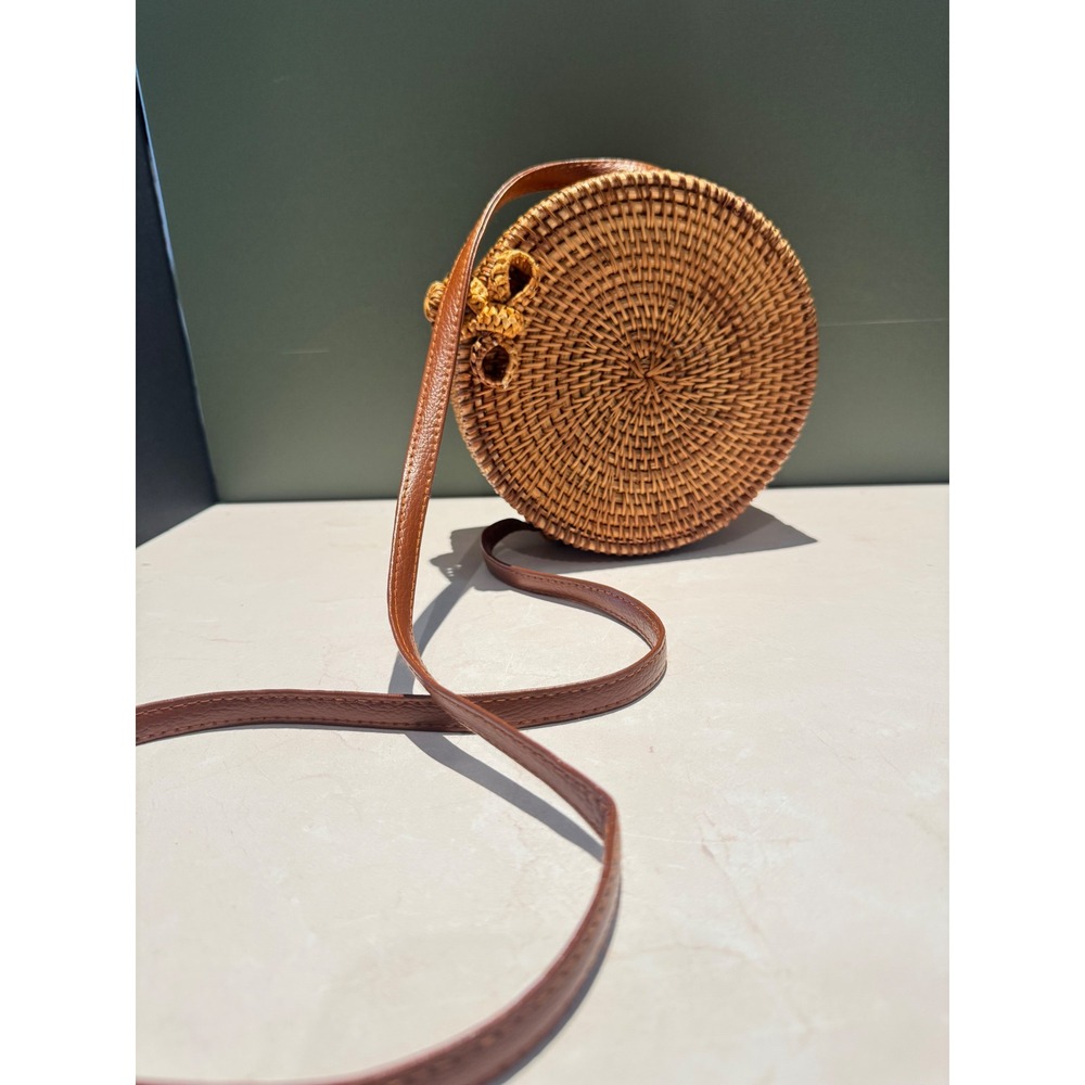 Handmade Round Rattan Crossbody Bag Woven Straw Canteen Purse Brown Boho Summer